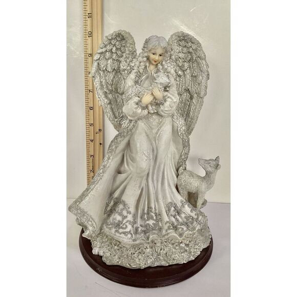 Elegant Guardian Angel with Lamb and Deer Glittered Resin On Wood Base - Picture 4 of 8